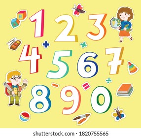 a set of colorful numbers from o to 9 for training. Design with an illustration on the theme of the school. Boy and girl, students, and school supplies.