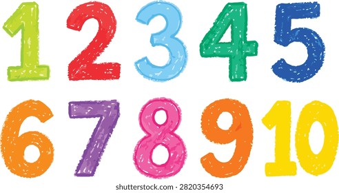 Set of Colorful Numbers from One to Ten in Crayon Texture Style Vector Illustration