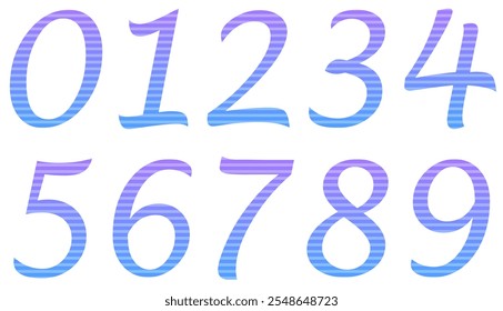 Set of colorful numbers with pattern isolated on white. Alphabet with numbers. Vector graphic elements for design. Abstract pattern with lines. Pink and blue gradient