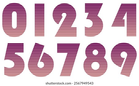 Set of colorful numbers with pattern isolated on white. Alphabet with numbers. Vector graphic elements for design. Abstract pattern with lines. Pink and beige gradient