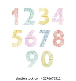 Set of colorful numbers with skeleton leaf texture