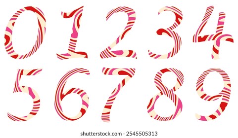 Set of colorful numbers with wavy pattern isolated on white. Alphabet with numbers. Vector graphic elements for design. Abstract pattern with lines. Red, pink, beige