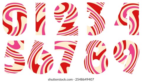 Set of colorful numbers with wavy pattern isolated on white. Alphabet with numbers. Vector graphic elements for design. Abstract pattern with lines. Red, pink, beige