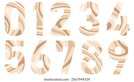 Set of colorful numbers with wavy pattern isolated on white. Alphabet with numbers. Vector graphic elements for design. Abstract pattern with lines. Brown, beige color. Coffee, cafe, sweet