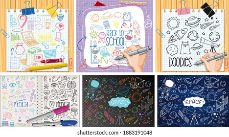 Set of colorful object and symbol hand drawn doodle illustration