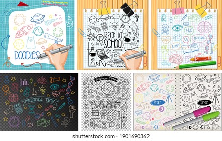 Set of colorful object and symbol hand drawn doodle illustration