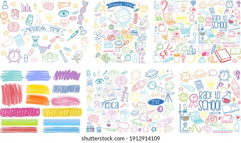 Conjunto de objetos coloridos y doodle dibujado a mano en la ilustración de fondo blanco