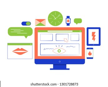 Set of colorful objects isolated on white background. Computer monitor, wall clock, browser, message box, mobile phone, tablet, smart watch, letter envelope. Bright modern illustration.