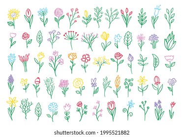 Set of colorful objects isolated on white background. Flower graphic doodle drawing