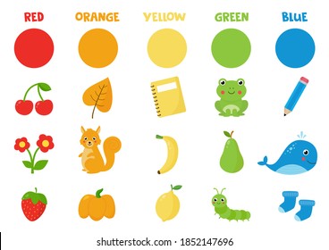 Set of colorful objects. Learning basic colors for preschoolers. Flashcard with red, green, orange, blue, yellow colors. 