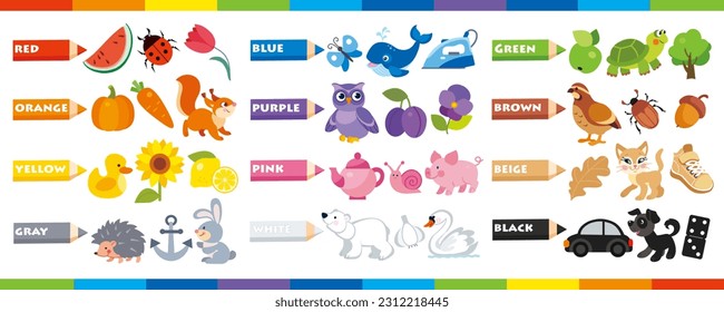 Set of colorful objects. Learning colors for kids. Red, green, orange, yellow, gray, blue, purple, pink, white, green, brown, beige, black cartoon illustration.