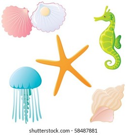 A set of colorful ocean creatures.