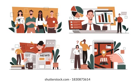 Set of colorful office life concepts depicting various office scenes. Flat cartoon vector illustration with diverse multiethnic fictional business characters isolated on white background