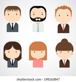 Set of colorful office people icons. Businessman. Businesswoman. Trendy flat style. Funny cartoon characters. Vector illustration.