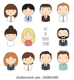 Set Of Colorful Office People Icons. Businessman. Businesswoman. Funny Cartoon Hand Drawn Faces Sketch For Your Design. Collection Of Cute Avatar. Trendy Doodle Style. Vector Illustration.