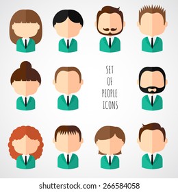 Set of colorful office people icons. Businessman. Businesswoman. Man. Woman. Trendy flat style. Funny cartoon faces characters for your design. Collection of avatar. Vector illustration.