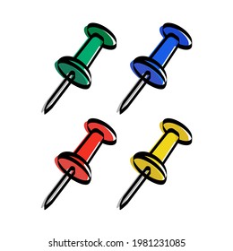 Set of colorful office push pins. Thumbtacks icon. Top view. Vector illustration