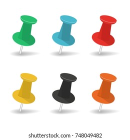 Set of colorful office push pins. Thumbtacks icon. Top view. Vector illustration