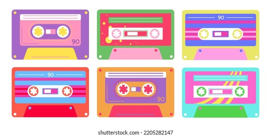 Conjunto de coloridos casetes antiguos al estilo de las caricaturas. Ilustración vectorial de casetes de música y películas de los años 80 y 90 sobre fondo blanco.