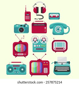 set of colorful old-fashion electronic devices