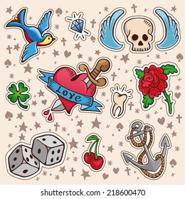 Set of Colorful Old-School Style Retro Tattoo Stickers - Swallow, Diamond, Skull with Wings, Lucky Clover, Heart with Knife, Tooth, Rose Flower,  Dice, Cherry, Anchor