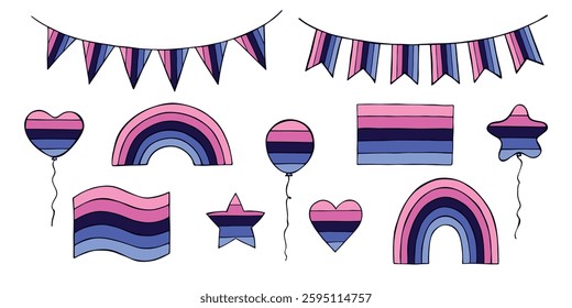 Set of colorful Omnisexual pride flag Happy pride day LGBTQIA community Pride Month Vector hand drawn doodle for posters, stickers, logo, cards