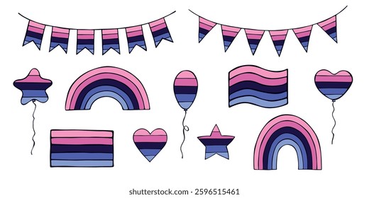 Set of colorful Omnisexual pride flag Happy pride day LGBTQIA community Pride Month Vector hand drawn doodle for posters, stickers, logo, cards