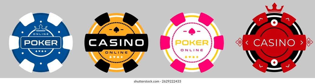 Set of colorful online poker and casino chips icons with modern typography and minimalistic style. Solid flat colors. Perfect for gambling UI, slot machine interfaces, and betting platforms