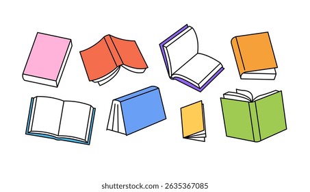 A set of colorful open and closed book illustrations.Outlined books clipart for education, school, library and bookstore event. Flat vector graphic design source. 