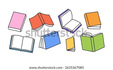 A set of colorful open and closed book illustrations.Outlined books clipart for education, school, library and bookstore event. Flat vector graphic design source. 