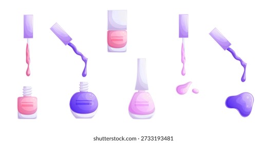 A set of colorful open and closed bottles of nail polish, a brush for gel polish, spots and droplets of varnish. The concept of beauty and nail design. Isolated vector illustration