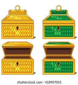 Set of colorful open and closed chests. Vector illustration.