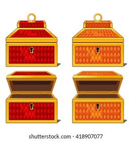 Set of colorful open and closed chests. Vector illustration.