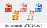 Set of colorful open gift boxes with ribbons, isometric flat vector illustration on transparent.