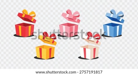 Set of colorful open gift boxes with ribbons, isometric flat vector illustration on transparent.