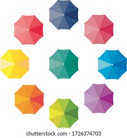 Set of colorful opened umbrellas on isolated background in the circle