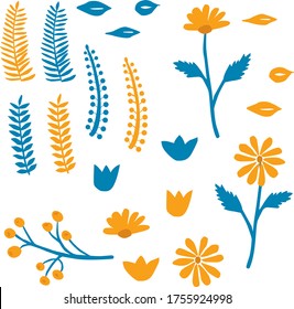 Set of colorful orange and blue elements. Vector flowers and leaves 