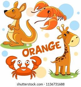 A set of colorful orange illustrations with animals and mollusks for children and design, a picture of a kangaroo, a cancer, a giraffe and a crab.