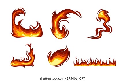 Set of colorful orange and red fire flame vector silhouettes, hot burning fire shapes collection, isolated on white background, vivid energy and blaze vector illustration.