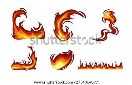Set of colorful orange and red fire flame vector silhouettes, hot burning fire shapes collection, isolated on white background, vivid energy and blaze vector illustration.
