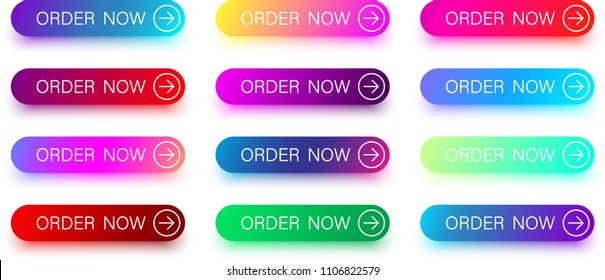 Set of colorful order now buttons with arrow isolated on white background. Vector illustration.
