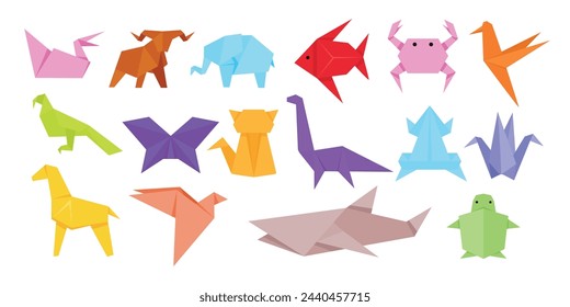 Set of colorful origami paper animals collection, Modern hobby, Colorful paper animals, low polygonal design, Polygon geometric with cat, butterfly, bull, crane, whale, turtle, crab, and fish.