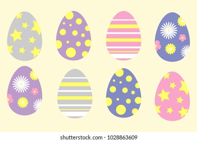 Set of colorful ornament easter eggs in cartoon style, spring time, simple flat design, vector illustration