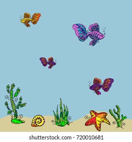 Set of colorful ornamental fishes. Hand drawn vector stock illustration