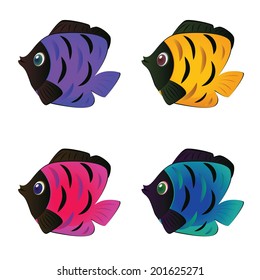 Set of colorful ornamental fishes on white background.