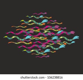 Set of colorful ornamental snakes on black background