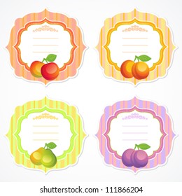 Set of colorful ornate frames with fruit and berry image: apple, apricot, pear, plum