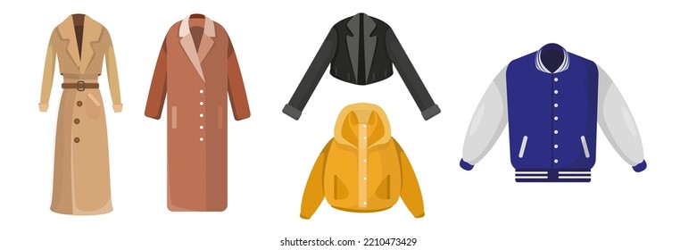 Set of colorful outerwear in cartoon style. Vector illustration of mens and womens jackets, coats on white background.