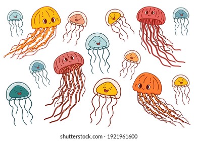 Set of colorful outline vector doodle cartoon jellyfish. Sea jelly is happy, has good emotion and long tentacles. Animals are isolated on white background