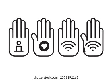 Set of colorful outlined hands with icons, representing technology, communication, healthcare, and connectivity on a white background